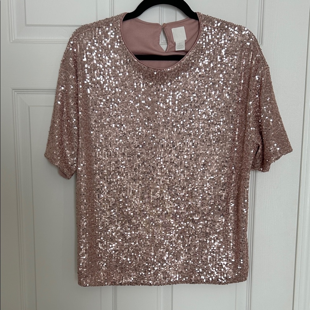 H&M Glittering Sequin Short Sleeve Top - Pink